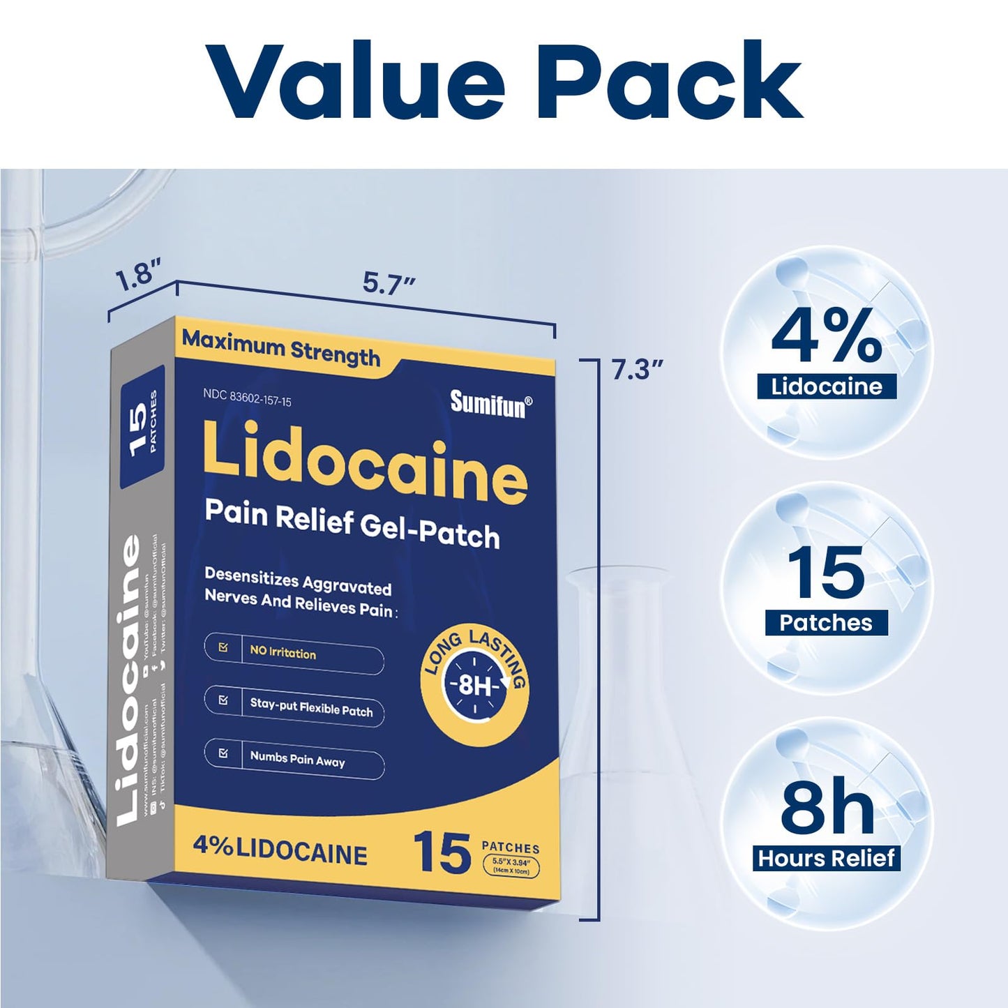 Sumifun 4% Lidocaine Pain Relief Patches 15 Counts Maximum Strength Numbing Gel Patch for Back Knee Neck Joint Ache Muscle Soreness Topical Analgesic SumifunBuy Supplements Australia