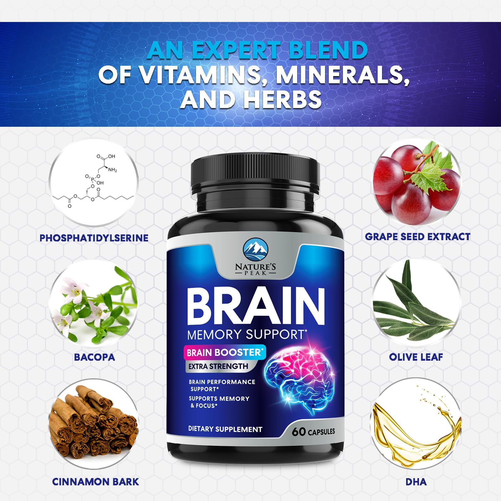 Brain Memory Supplement - 3X Strength Nootropics for Concentration, Clarity & Focus Support - Brain Health Cognitive Vitamins with Bacopa, Phosphatidylserine & DMAE, Brain Booster Pills, 60 Capsules Nature's PeakBuy Supplements Australia