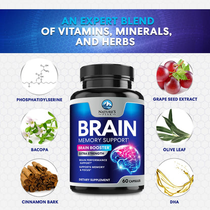 Brain Memory Supplement - 3X Strength Nootropics for Concentration, Clarity & Focus Support - Brain Health Cognitive Vitamins with Bacopa, Phosphatidylserine & DMAE, Brain Booster Pills, 60 Capsules Nature's PeakBuy Supplements Australia