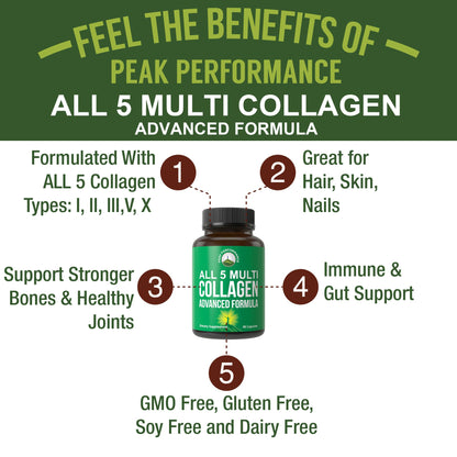 Peak Performance All 5 Multi-Collagen Capsules - 90 Pills of Grass Fed Peptides Protein - Supplement with All 5 Collagen Types I, II, III,V, X from Beef, Fish, Eggshell, and Chicken Bone Broth Peak PerformanceBuy Supplements Australia