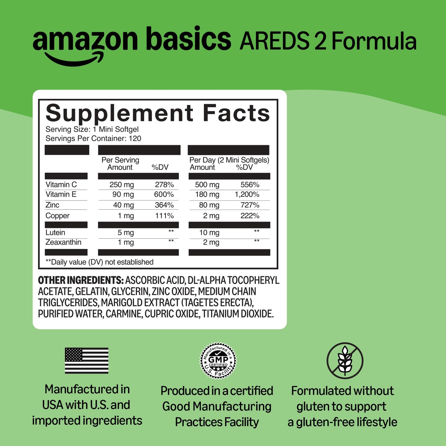 Amazon Basics Eye Vitamin and Mineral Supplement, AREDS 2 Formula with Lutein & Zeaxanthin, 120 Softgels Amazon BasicsBuy Supplements Australia
