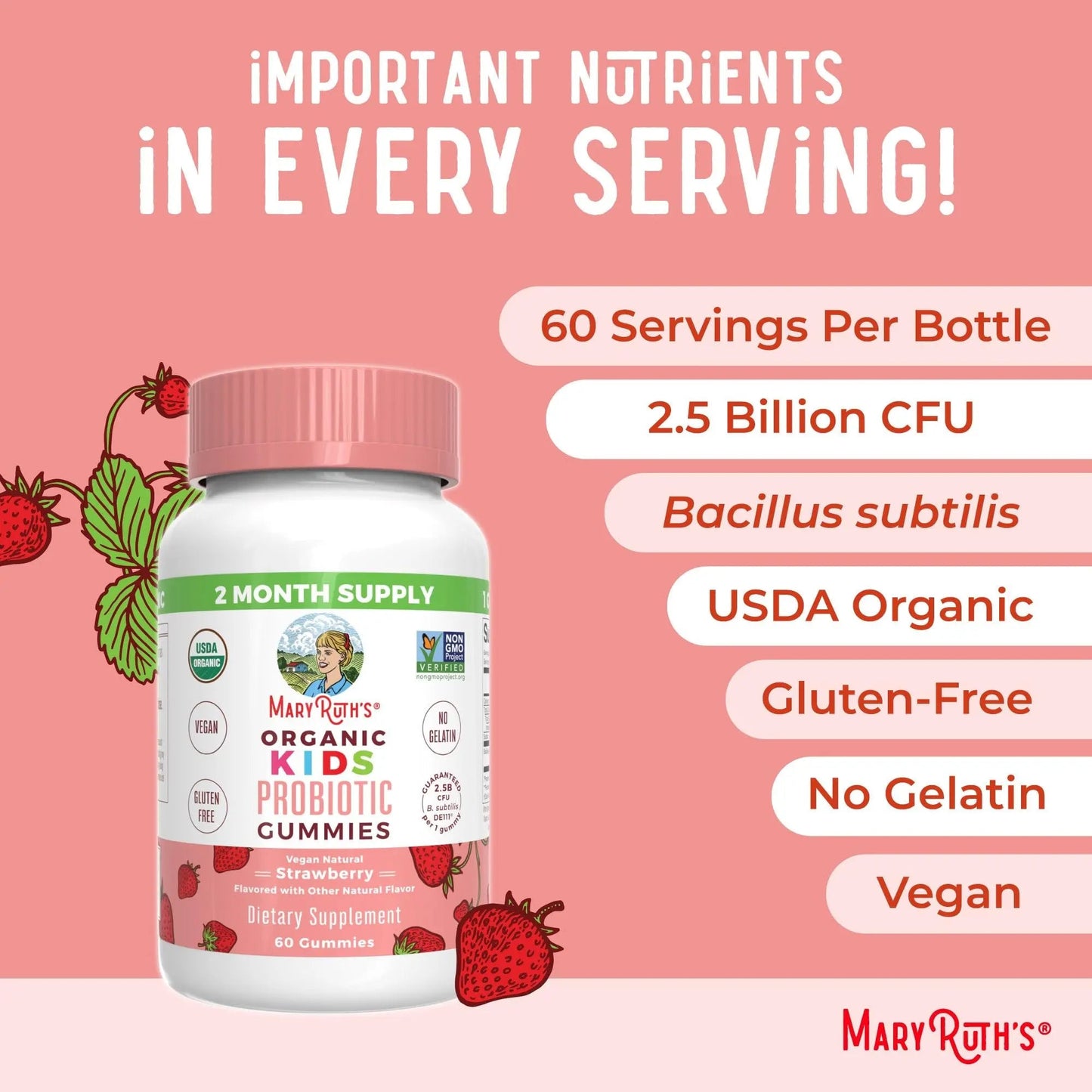 MaryRuth Organics Multivitamin and Probiotic Gummies (Strawberry) for Kids | Clean Label Project Verified® | Vitamins for Gut Health MARYRUTH'S