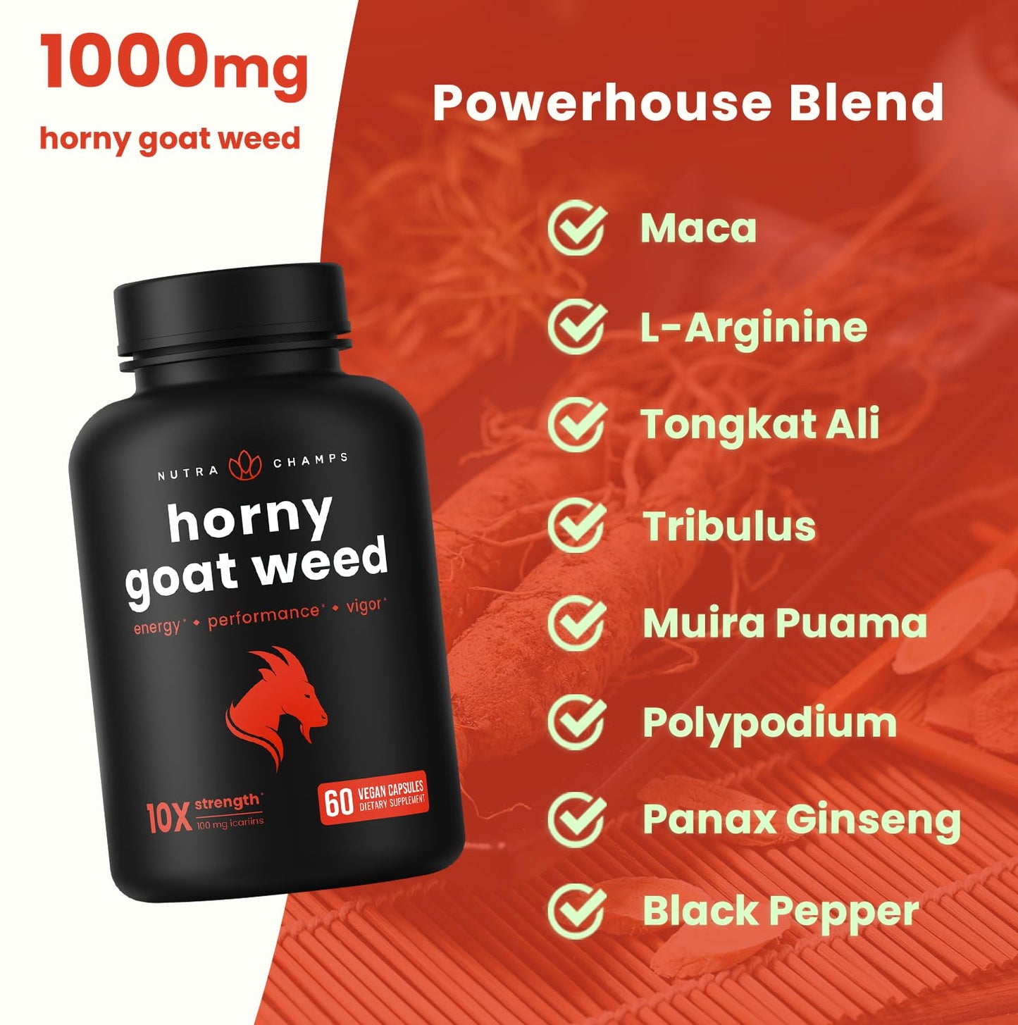 NutraChamps Horny Goat Weed, 1000mg Epimedium Energy Supplement, 10X Strength Icariin, Ginseng, Tribulus & Maca Pills for Women & Men, Enhanced Absorption with Black Pepper, 60 Vegan Capsules NutraChampsBuy Supplements Australia