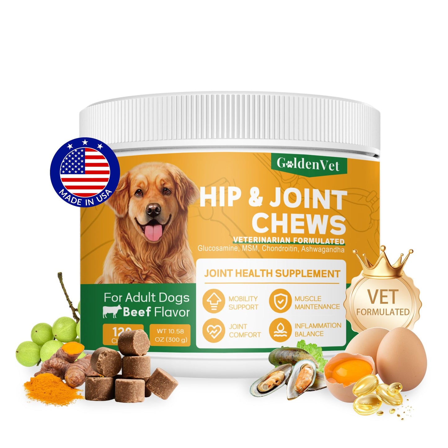 Hip and Joint Chews for Senior Dogs with Glucosamine HCL, Chondroitin, Green-lipped Mussel, Ashwagandha for Anti Inflammatory, Mobility Support, Muscle Maintenance, Joint Comfort 120 Ct GOLDENVETBuy Supplements Australia