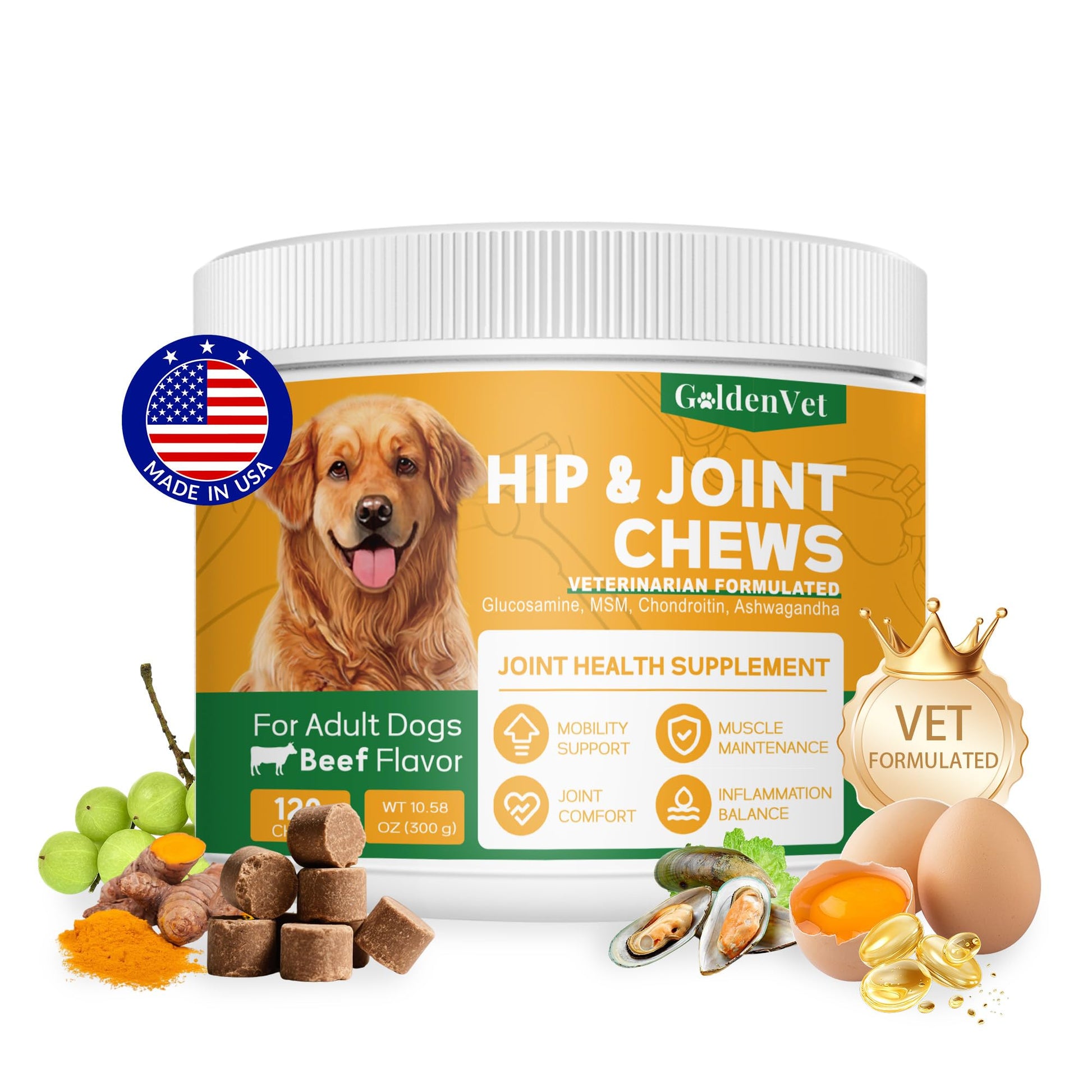 Hip and Joint Chews for Senior Dogs with Glucosamine HCL, Chondroitin, Green-lipped Mussel, Ashwagandha for Anti Inflammatory, Mobility Support, Muscle Maintenance, Joint Comfort 120 Ct GOLDENVETBuy Supplements Australia