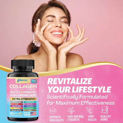 Parrox Collagen Peptides Types I, II, III, V & X, MCG Biotin, Keratin, Hyaluronic Acid, MSM, Zinc, Grape Seed Extract, Quercetin, Vitamin A, Vitamin C,