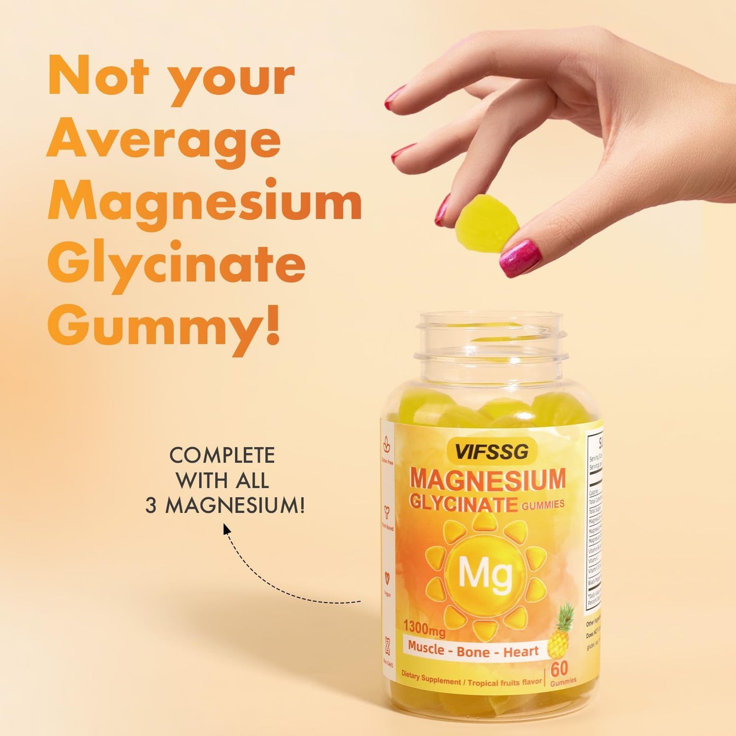 VIFSSG Magnesium Glycinate Gummies 500 Mg, Triple Magnesium Complex Sugar-Free Gummies with Malate 400 Mg, Citrate 400 Mg, Magnesium Supplement Chewable