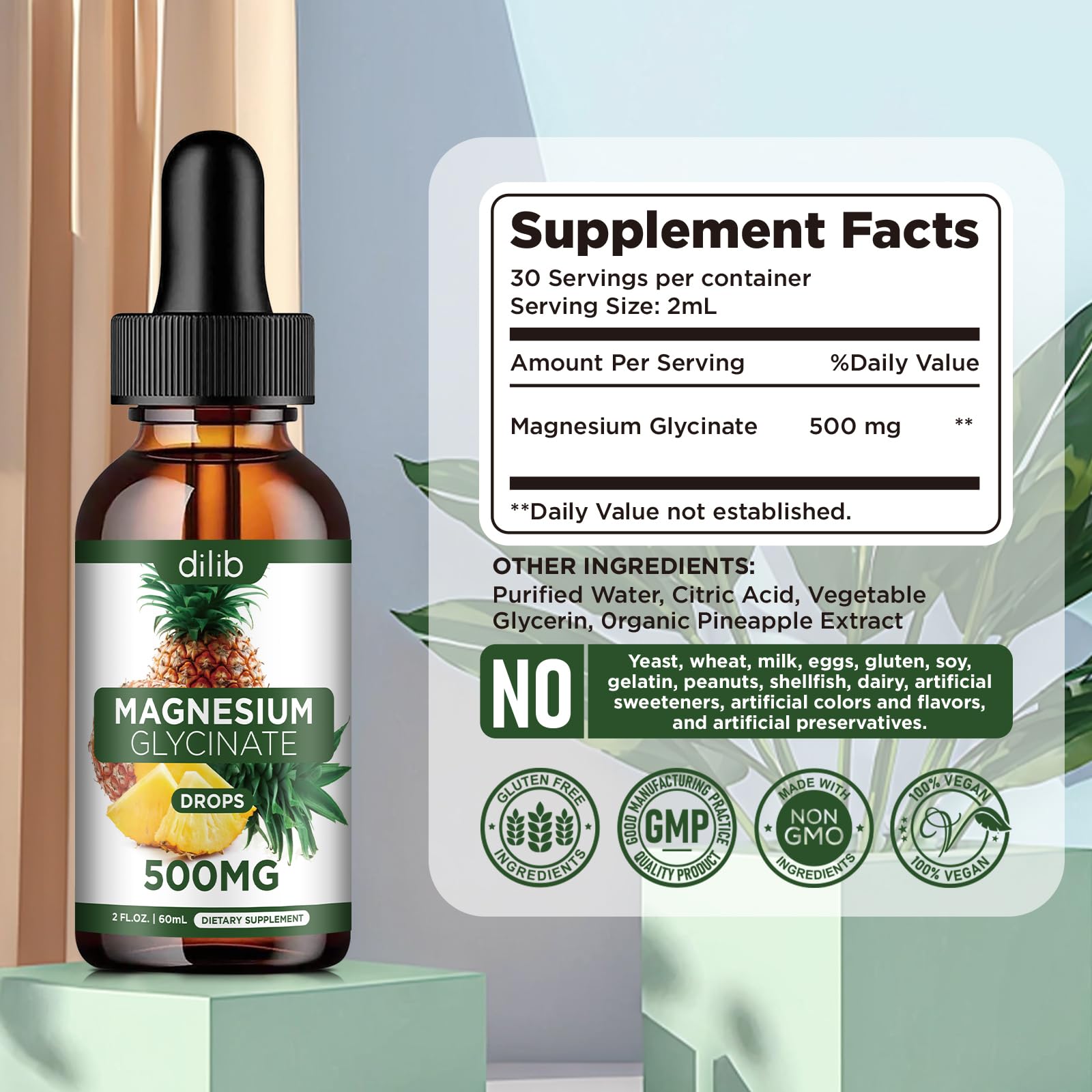 Magnesium Glycinate Supplement, Liquid Magnesium Glycinate Liquid Drops 500mg-Support Stress Relief, Relaxation, Mood, Sleep, Bone & Muscle-2 Fl Oz, Vegan, Pineapple Flavor dilibBuy Supplements Australia