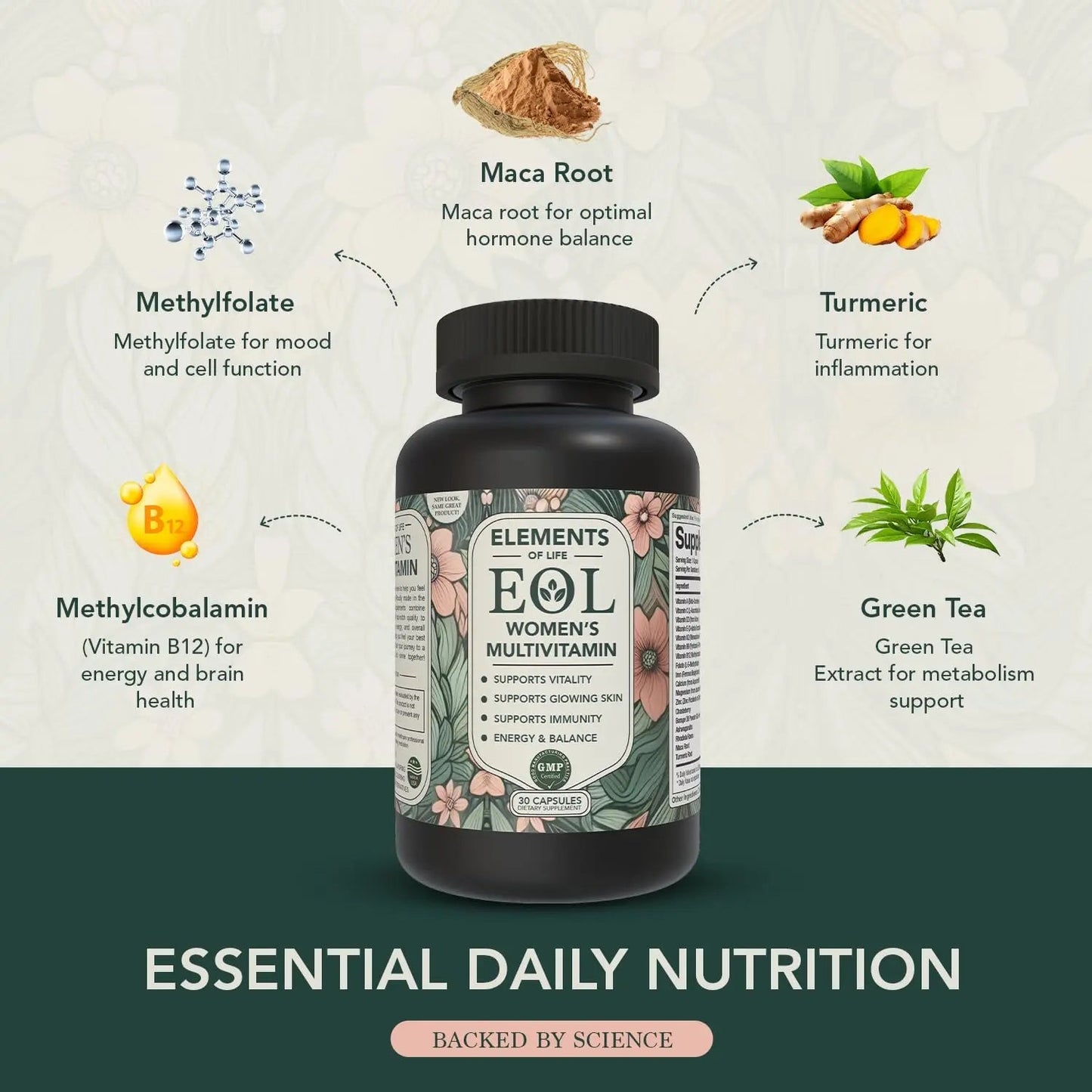 Elements of Life Multivitamin for Women – Daily Women’s Vitamins with MethyFolate, Organic Ingredients & Natural Supplements for Energy Elements of LIfe