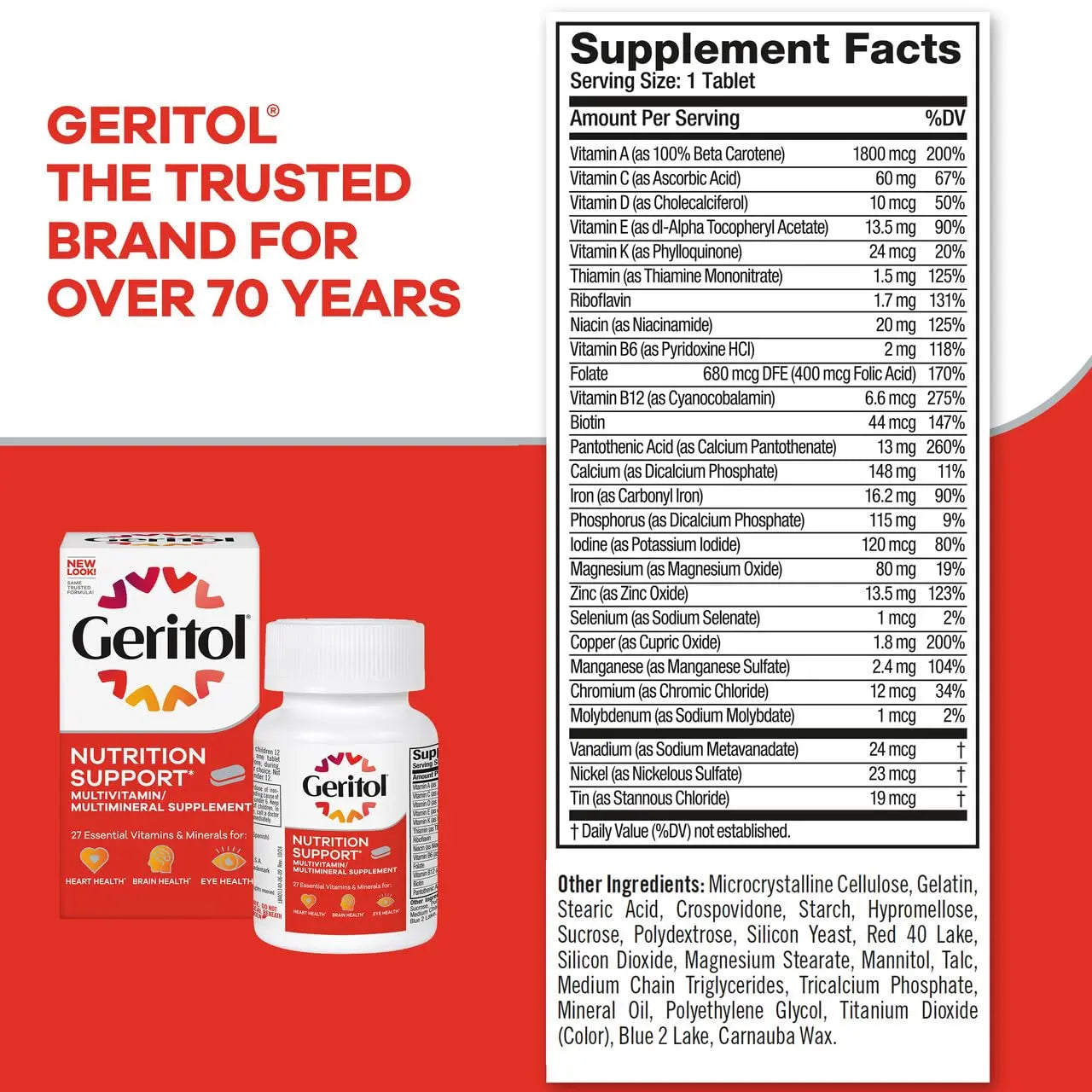 Geritol, Multivitamin Supplement, Contains Antioxidants, Vitamins B, C, E & D and Iron, 27, Minerals, Gluten-Free Geritol