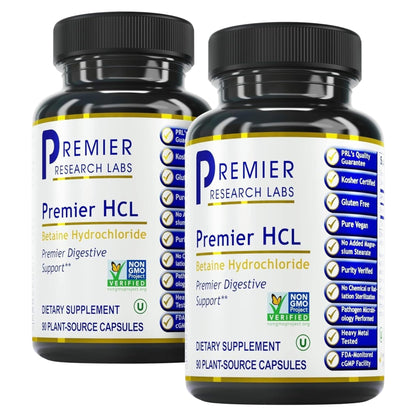 Premier Research Labs Premier HCL - Betaine HCL, Betaine Hydrochloride Supplement for Optimal Digestive Function, Nutrient Absorption, Betaine-HCL for Low Stomach Acid- 90 Vegetarian Capsules (2 Pack) Premier Research LabsBuy Supplements Australia