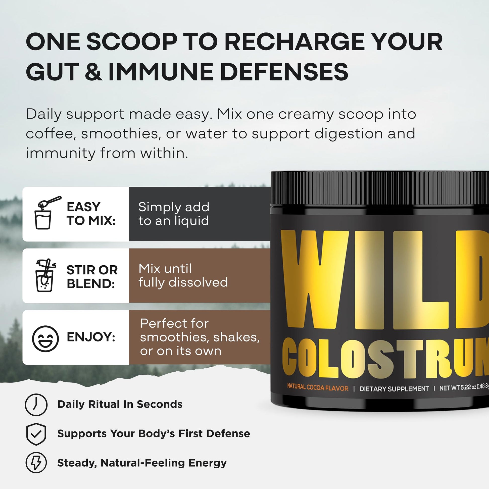 Colostrum Supplement - Grass Fed Pure Bovine Colostrum Powder - 2000mg & 400mg IgG (calostro bovino) - Gut, Immunity, Skin, Hair Support - Sugar Free, Natural Cacao Flavour, 30 Servings Wild FoodsBuy Supplements Australia