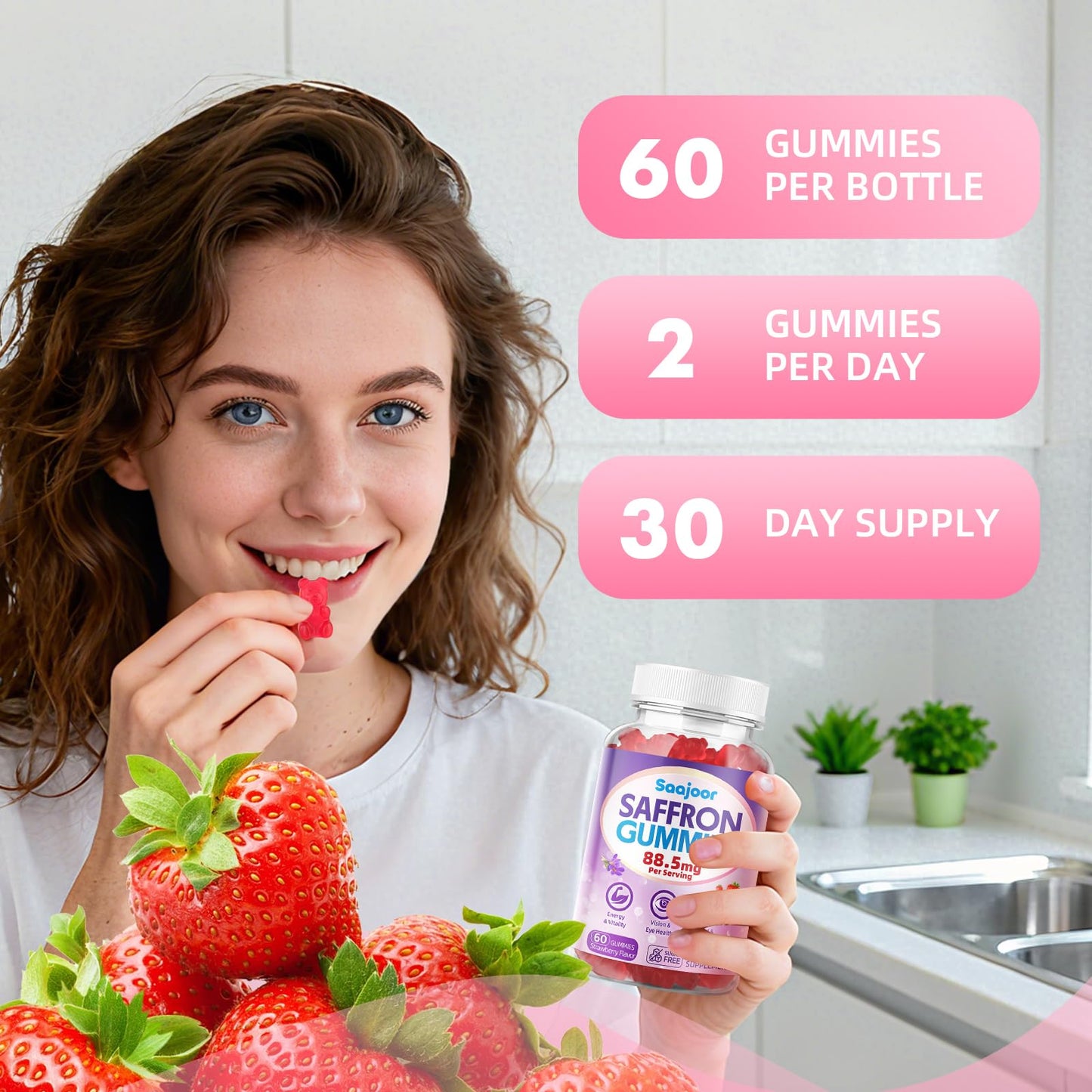 Saffron Gummies for Adult Kids - with Saffron 88.5mg, Vitamins D3 & B6, Magnesium, Zinc, Ashwagandha, L - Theanine, St. John's Wort - Supports Mood & Focus, Strawberry Flavor, 120 Count SaajoorBuy Supplements Australia