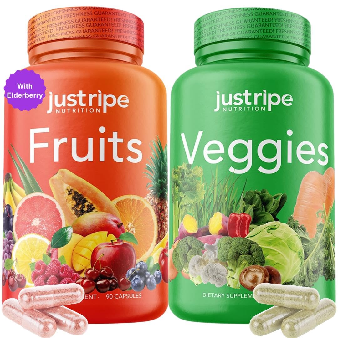 Fruits and Veggies Supplement - 90 Fruit and 90 Vegetable Capsules - 100% Whole Natural Superfood - Filled with Super Greens Vitamins and Minerals - Supports Balance Energy Levels (1 Pack) Just Ripe NutritionBuy Supplements Australia