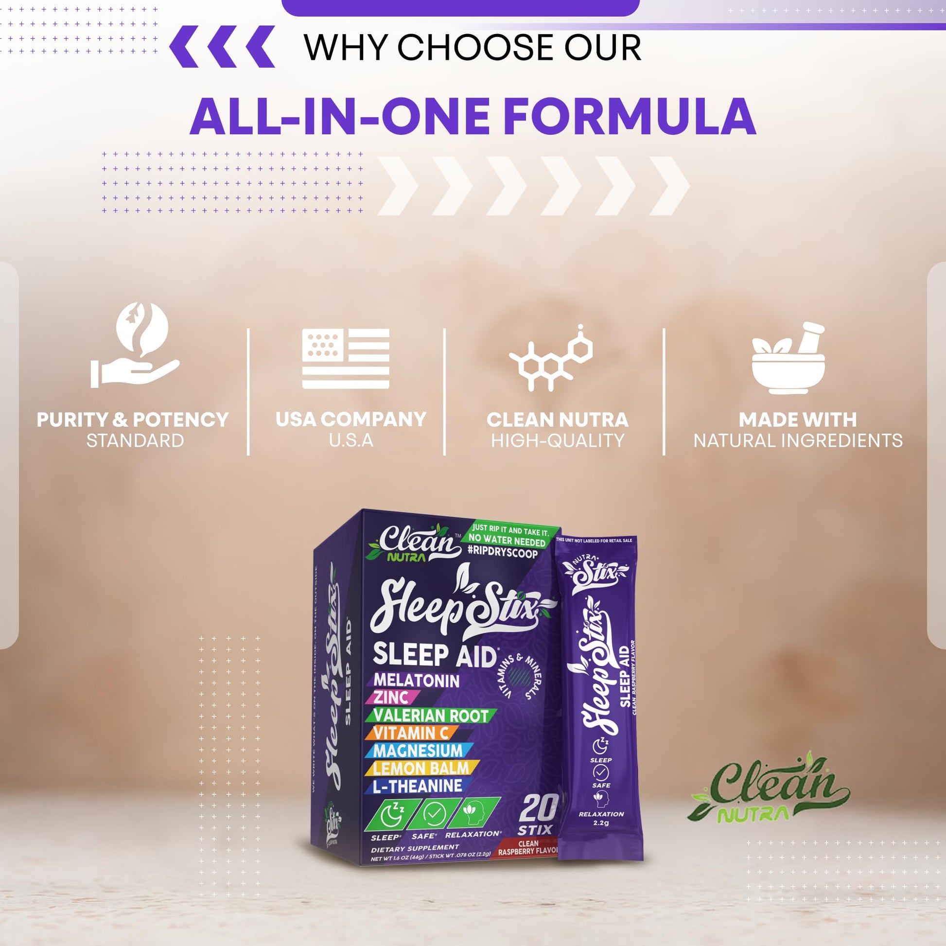 Sleep Aid Melatonin Powder Tryptophan Glycine Valerian Root Magnesium For Sleep Lemon Balm L Theanine Magnesium Glycinate Zinc Sleep Aid Myo Inositol GABACalm B6 5 HTP Stress Relief 20 Stix Clean NutraceuticalsBuy Supplements Australia