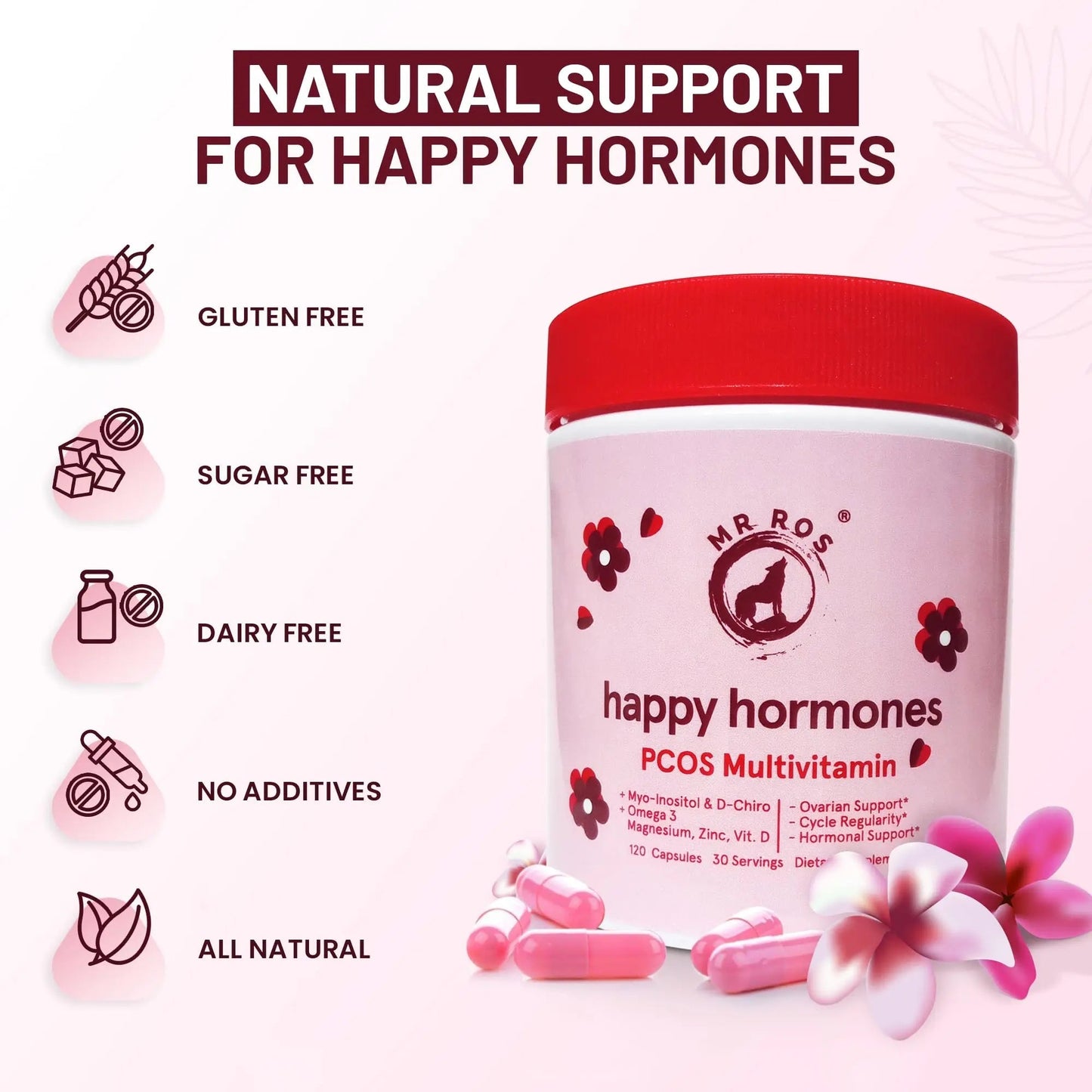 Mr Ros PCOS Multivitamin for Women – Happy Hormones Formula – Myo & D-Chiro Inositol 40:1, Omega-3, Vitamin D3, Zinc & Magnesium Mr Ros