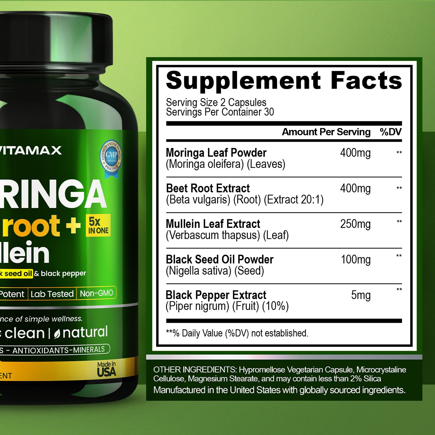 Moringa Capsules, Beet Root, Mullein Leaf - Energy, Skin, Immune Supplement Superfood, Rich in Antioxidants, Minerals & Essential Vitamins - High Absorption Non-GMO - Made in USA - 60ct VitamaxBuy Supplements Australia