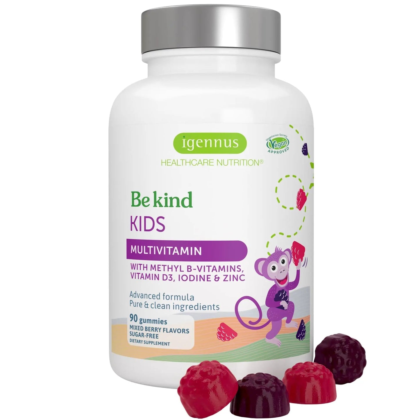 Igennus Methylated Kids Multivitamin Gummy, MTHFR, No Artificial Sweeteners or Flavors, Sugar Free, Age 4+, 90 Natural Berry Flavor Gummies Igennus Healthcare NutritionBuy Supplements Australia