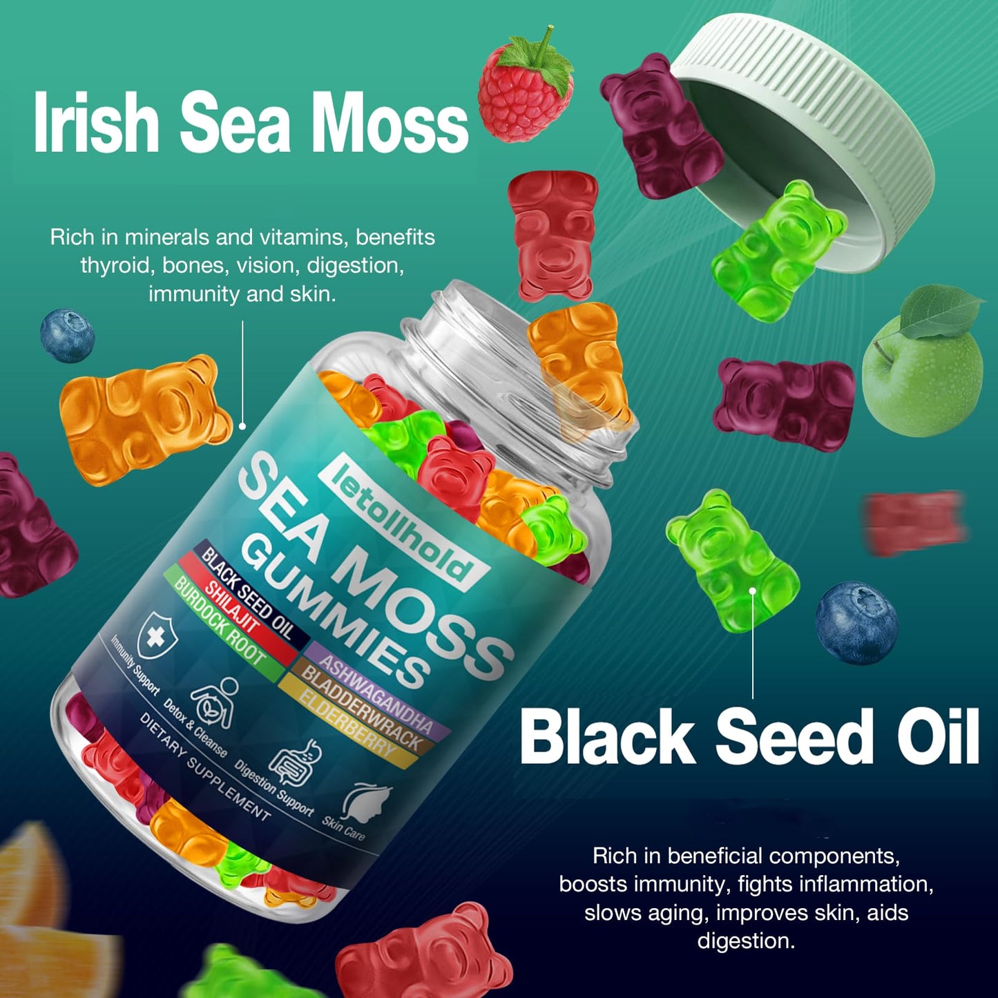Sea Moss Gummies - Irish Sea Moss Gummies Advanced for Adults with Ashwagandha Bladderwrack & Burdock Root for Supports Immune，Energy - 60 Vegan Gummy,5PCS letollholdBuy Supplements Australia