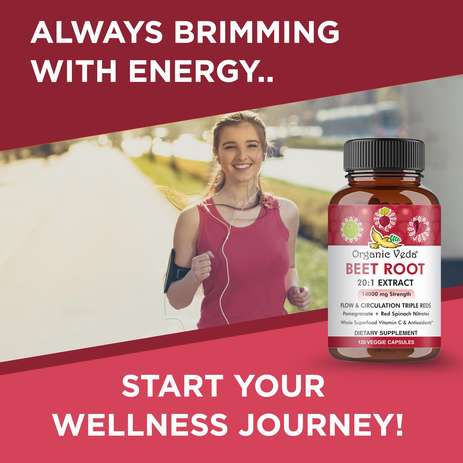 Organic Veda Beet Root Capsules - Triple Reds Nitric Oxide Beets Supplements - Concentrated Nitrates and Vitamin C Blend of Beet Root Extract, Red Spinach, Pomegranate, Black Pepper - 120 Capsules