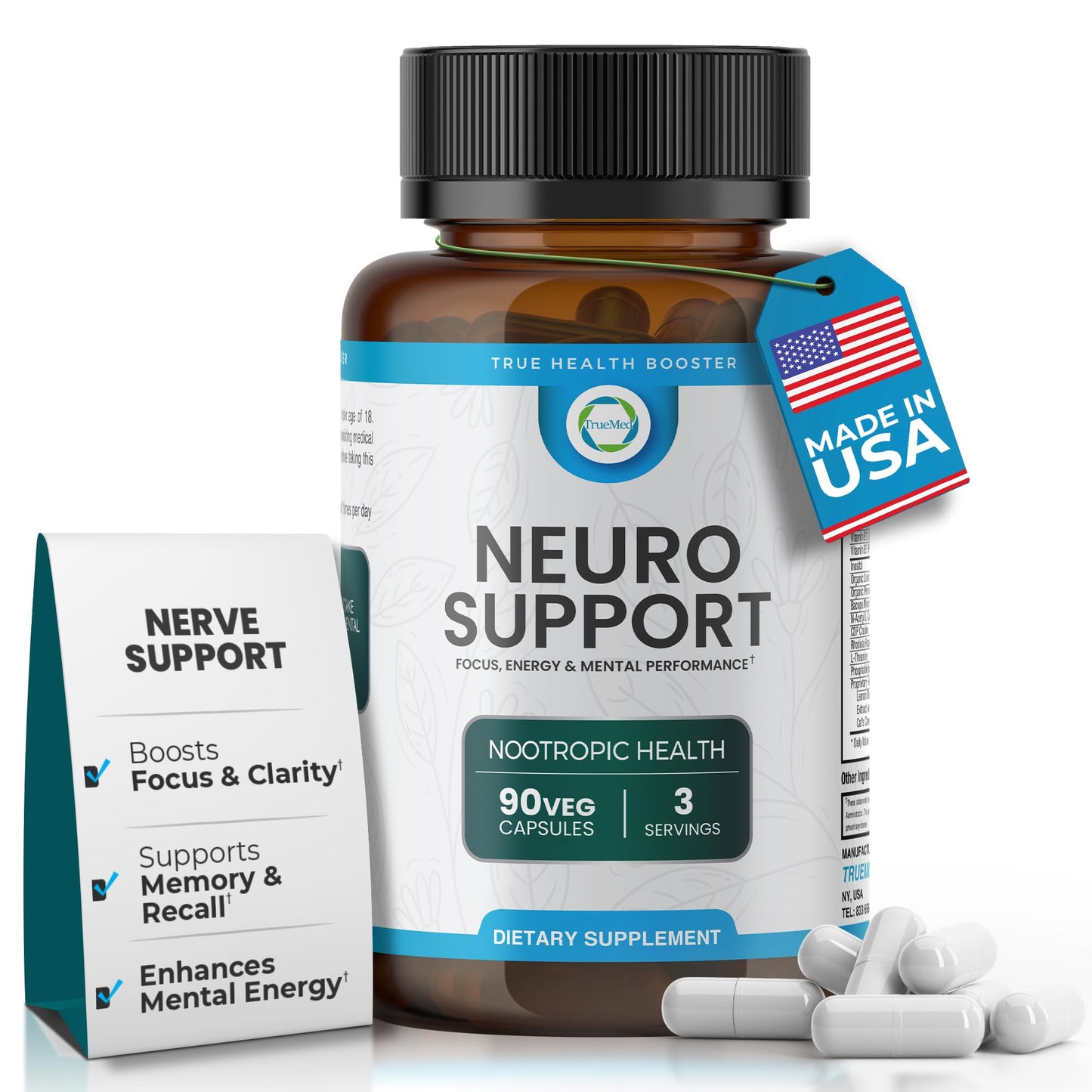 TrueMed Neuro Support - Premium Nootropic Supplement for Focus, Energy, Mental Clarity, and Performance Organic Lion’s Mane, Bacopa Monnieri, Rhodiola, Non-GMO Gluten-Free CDP Choline 90 Veg Capsules TRUEMEDBuy Supplements Australia
