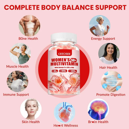 Ceecisee Vitamin Gummies for 50+ Women: Organic Vegan Multivitamin with Iron Omega3 B12 D3 Biotin Zinc Ashwagandha for Hair Skin Health Energy Immune Suppor Ceecisee