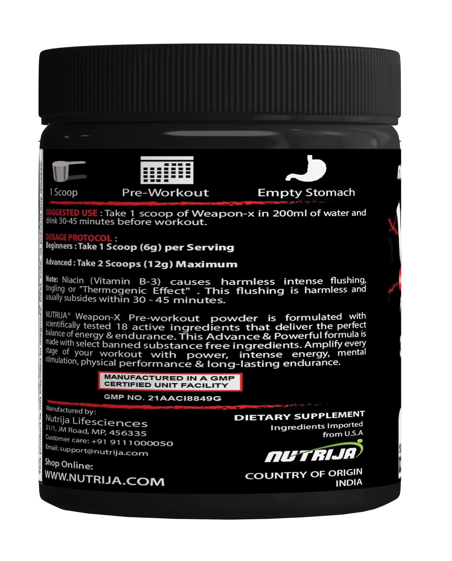 NutriJa Weapon-X Pre-Workout Powder with 21 Active Ingredients - 3 Best Forms of Creatine, AAKG, Beta-Alanine, Caffeinated | Pumps, Viens Popping, Energy, Focus & Strength (30 Servings (Mango))