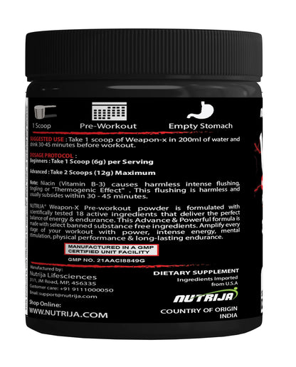 NutriJa Weapon-X Pre-Workout Powder with 21 Active Ingredients - 3 Best Forms of Creatine, AAKG, Beta-Alanine, Caffeinated | Pumps, Viens Popping, Energy, Focus & Strength (30 Servings (Mango))