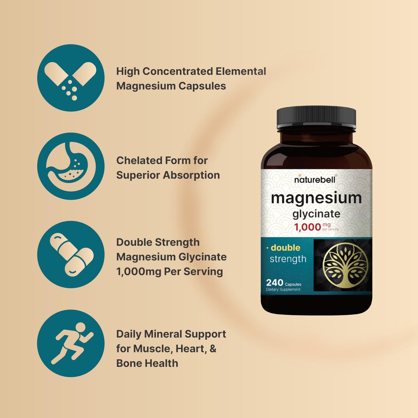 NatureBell Magnesium Glycinate Supplement 1,000mg | 500mg Per Capsule, 240 Pills NatureBellBuy Supplements Australia
