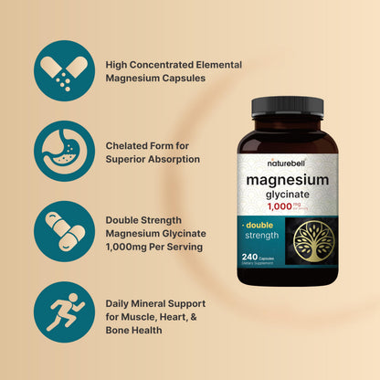 NatureBell Magnesium Glycinate 1,000mg, 240 Capsules | 500mg per Capsule | 100% Chelated & Purified | Sleep, Muscle & Nerve Support | Non-GMO, Gluten-Free NatureBellBuy Supplements Australia