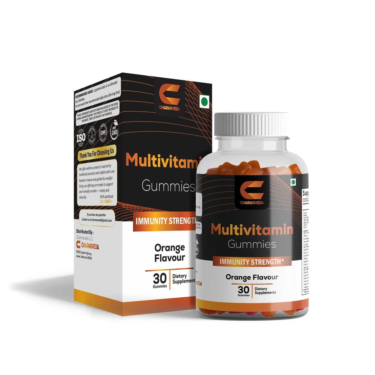 CHARMSVEDA Multivitamin Gummies – Energy, Immunity & Overall Wellness with DHA, Vitamin C, Zinc & Antioxidants – Orange Flavour – 30 Gummies CHARMSVEDA