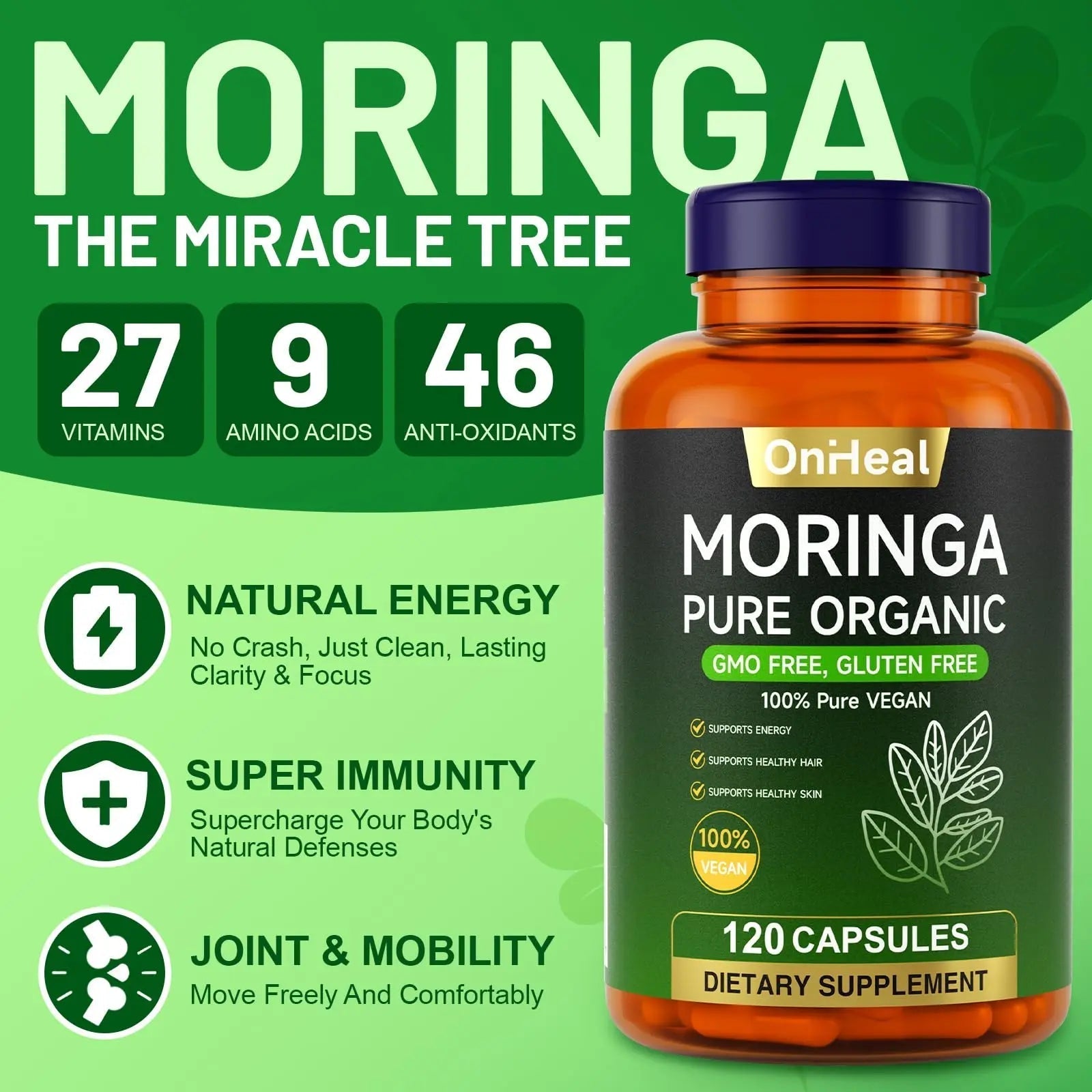 YBFQ Organic Moringa Capsules 1000 mg, 120 Count - Moringa Capsules with Organic Olefeira Powder, Supports Healthy Hair and Skin, Energy and Balance YBFQBuy Supplements Australia