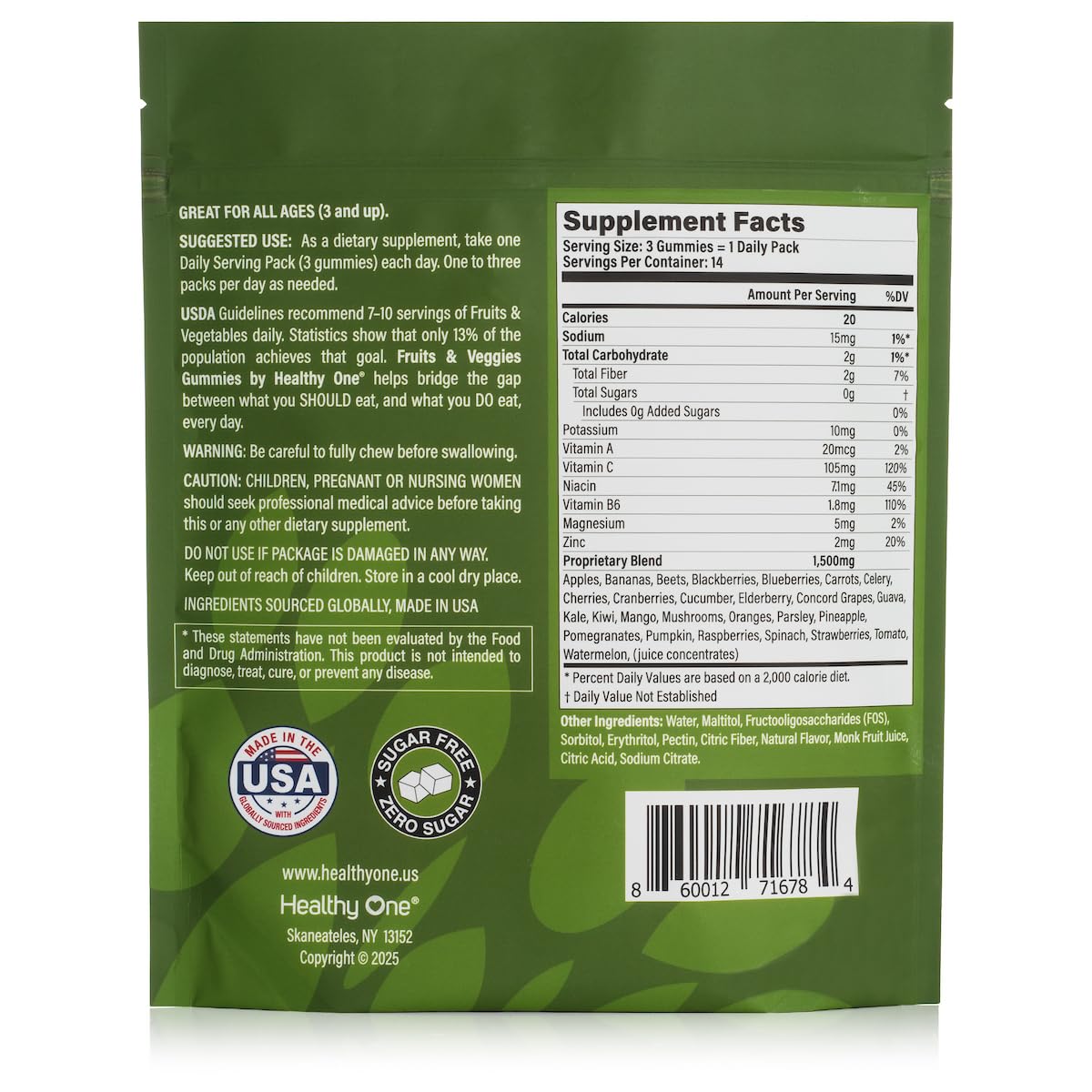 Fruits & Veggies Sugar-Free Gummies - 27 Whole Foods - Equals 3 Servings of Fruits & Vegetables - Improve Energy, Focus & Immune Function - Fiber - Antioxidants - Organic Ingredients - 14 Packets Healthy OneBuy Supplements Australia