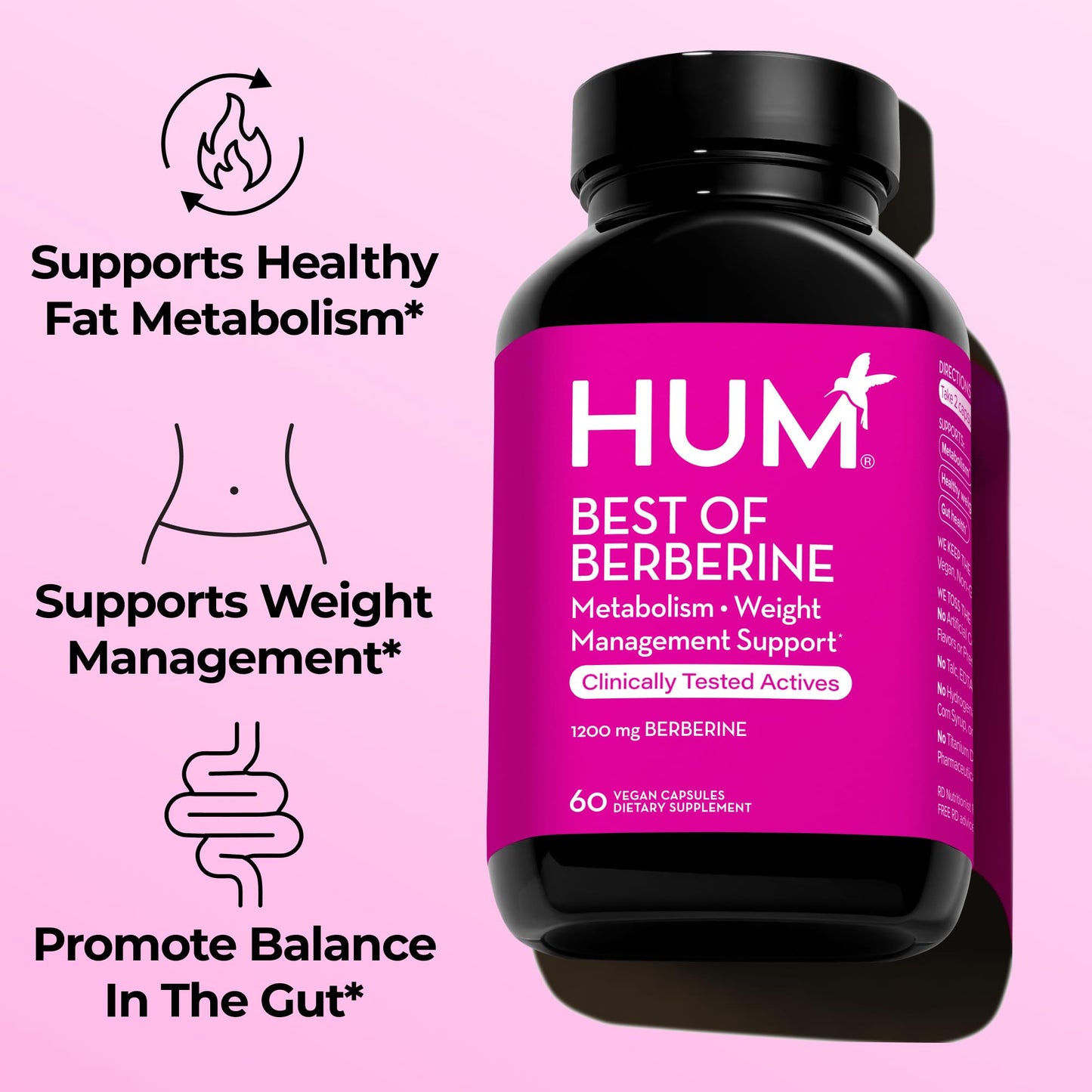 HUM Best of Berberine Supplement 1200mg, Pure Potency for Metabolic Wellness, Gut Health, Pure Berberine Supplements Enhanced