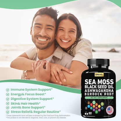Sea Moss Black Seed Oil Ashwagandha Bladderwrack Burdock Root Turmeric & Vitamin C D3 Elderberry ACV Black Pepper - Multimineral Supplement - 60 Count GrevolBuy Supplements Australia