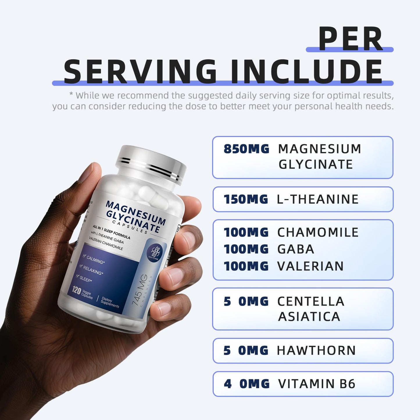 iMATCHME Magnesium Glycinate 850mg Capsules with L-Theanine, Chamomile & GABA for Sleep, Calmness, Muscle, Bone Health & Immune Support, Magnesium for Women and Men,