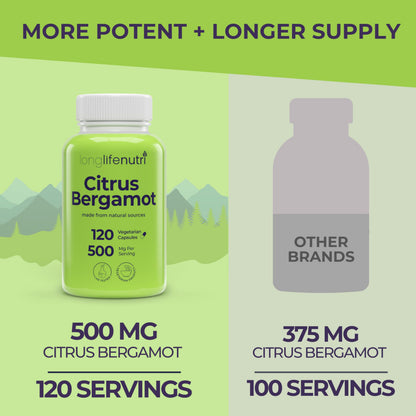 LongLifeNutri Citrus Bergamot Extract 500mg - 120 Vegetarian Capsules, 40% Polyphenolic Flavanones, 4-Month Supply, Plant-Based Anti-Oxidant, Tested, Made in USA LongLifeNutriBuy Supplements Australia