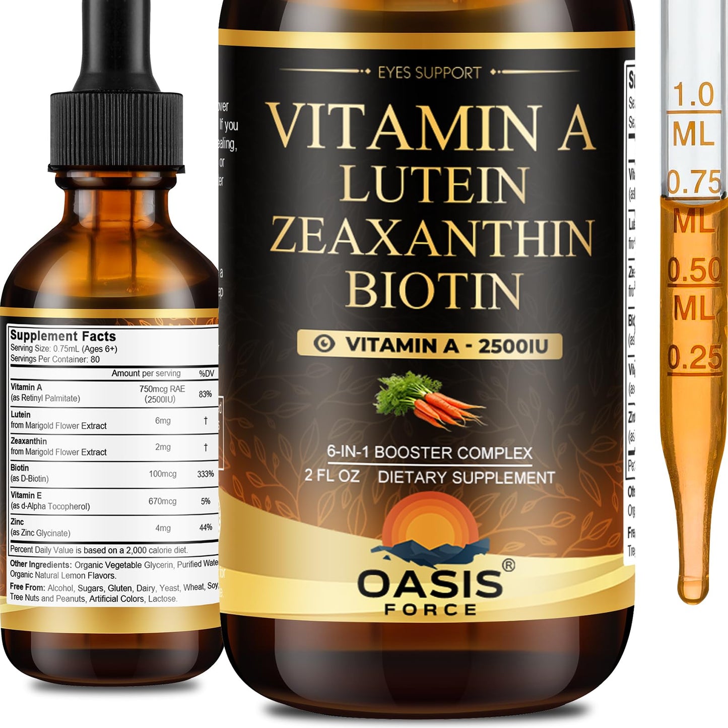 OASIS FORCE 6 in 1 Vitamin A Liquid Drops with Lutein & Zeaxanthin, Vita A Retinyl Palmitate for Skin, Vision & Immune Support, Adults & Kids Ages 6+, Vegan, Non-GMO, 2 Fl Oz OASIS FORCEBuy Supplements Australia