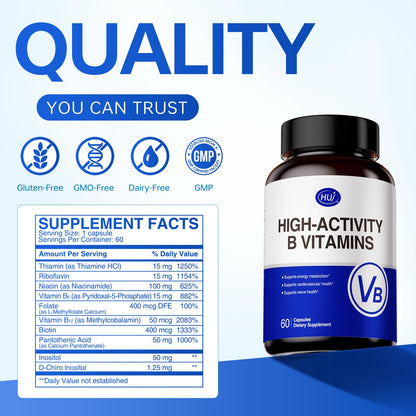 HUJ High-Activity B Vitamins - Supports Normal Energy Metabolism & Nerve System Health - Supplement with 8 B Vitamins, Inositol and D-Chiro Inositol - 60 Capsules. HUJBuy Supplements Australia