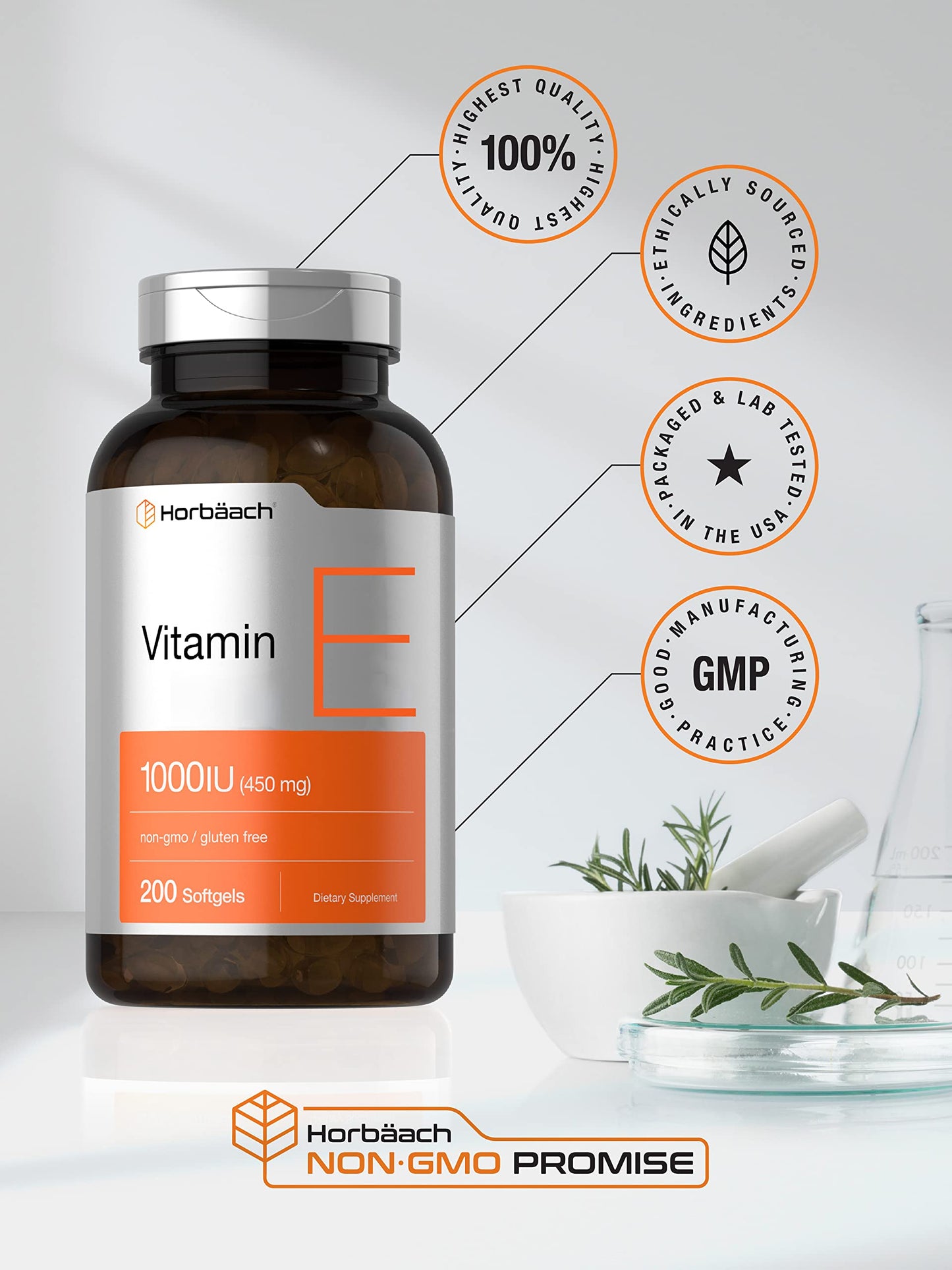 Vitamin E 1000 IU Softgel Capsules | 200 Count | Non-GMO, Gluten Free, Preservative Free HorbäachBuy Supplements Australia