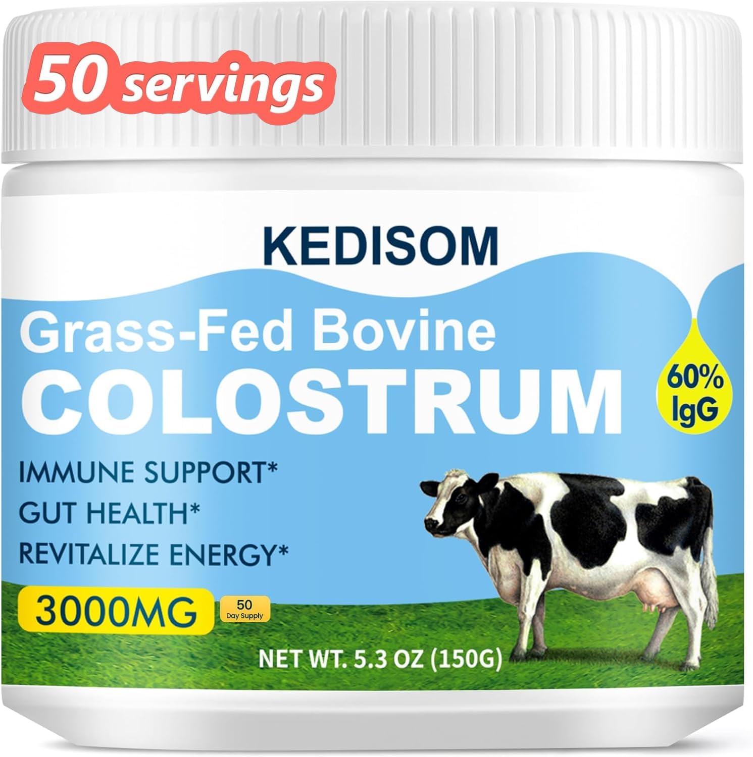 KEDISOM Grass-Fed Bovine Colostrum Supplement Powder - 60% High IgG 3000 mg for Gut Health, Immune Support - Easy to Mix Natural Liposomal Colostrum Superfood, Unflavored, 50 Servings KEDISOMBuy Supplements Australia
