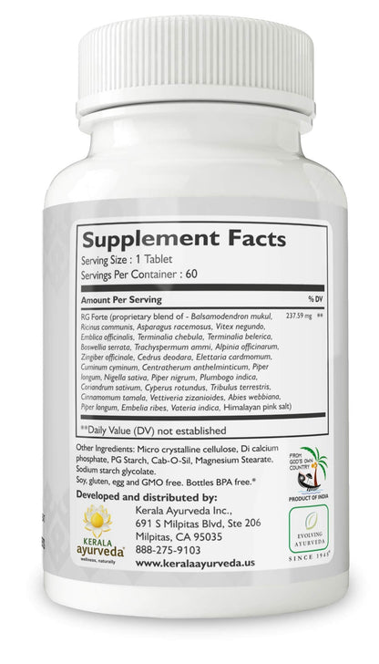 Kerala Ayurveda RG Forte Tablet - Herbal Tablet for Supporting Healthy Joint Function and Balancing Vata & Kapha, 60 Count Kerala AyurvedaBuy Supplements Australia