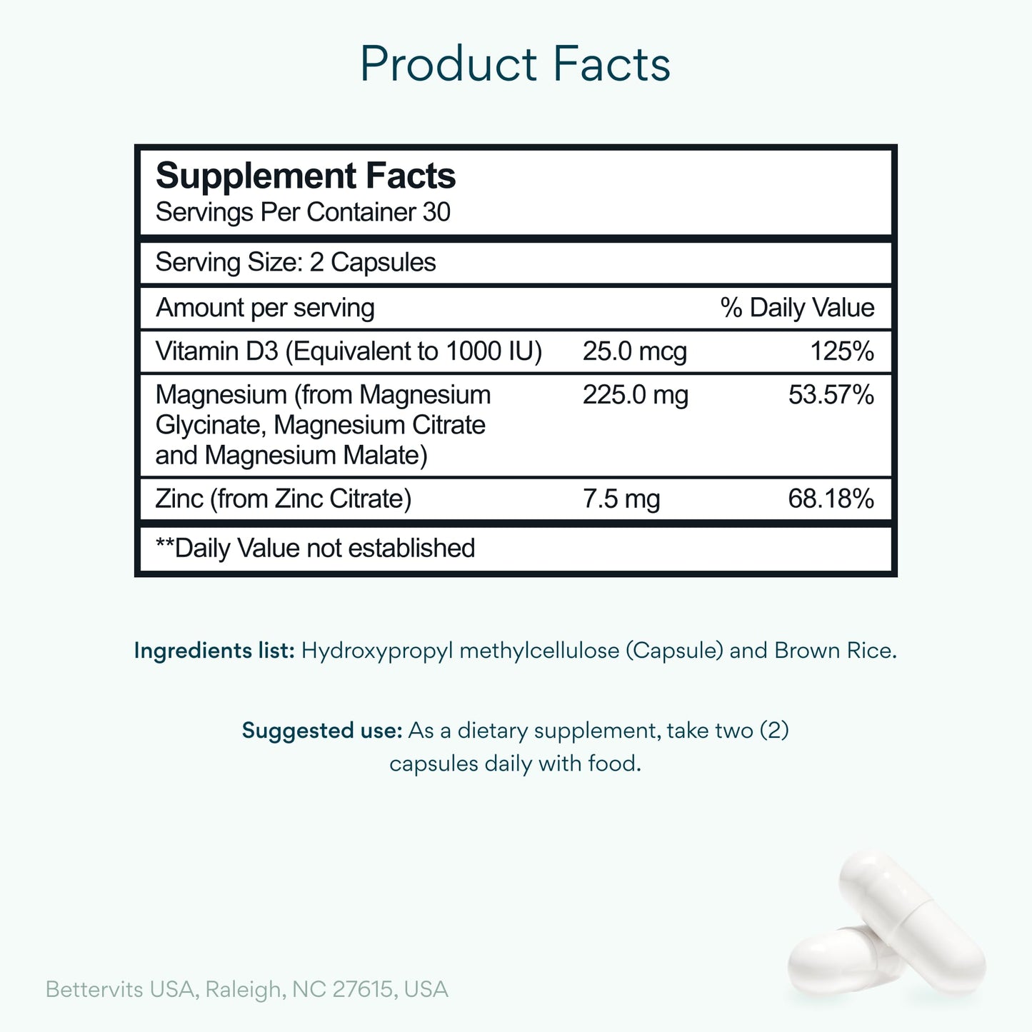 Bettervits Magnesium Glycinate Complex with Citrate Malate Zinc & Vitamin D3 | High Absorption Pure Magnesium 225mg Supplement Chelated Formula for Muscle Relaxation, Sleep Support – 60 Capsules BettervitsBuy Supplements Australia