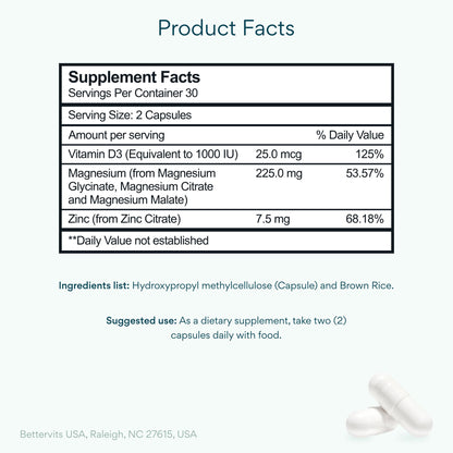 Bettervits Magnesium Glycinate Complex with Citrate Malate Zinc & Vitamin D3 | High Absorption Pure Magnesium 225mg Supplement Chelated Formula for Muscle Relaxation, Sleep Support – 60 Capsules BettervitsBuy Supplements Australia