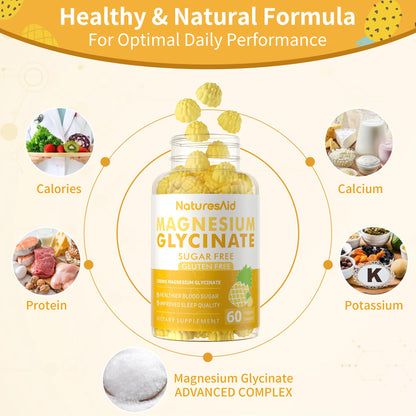 Magnesium Glycinate Gummies 1000mg - Sugar Free Magnesium Potassium Supplement with Vitamin D, B6, CoQ10 for Calm Mood & Sleep Support - 60 Pineapple Gummies -1 Pack Natures AidBuy Supplements Australia