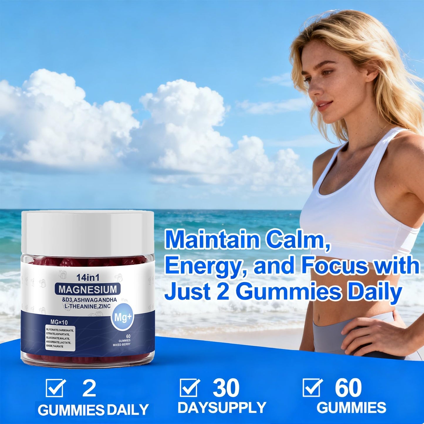 Magnesium Complex Gummies for Women & Men, Calm Magnesium Gummies for Women & Men, 14-in-1 with Ashwagandha, L-Theanine, Vitamin D3 & Zinc, 60 Count (1) UYPOBuy Supplements Australia