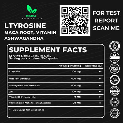 Mishas Nutraceuticals L-Tyrosine with Maca Root, Ashwagandha & Vitamins Complex – Energy, Mental Focus, Stress Relief & Immunity Support – 60 Capsules (30 Servings) MishasBuy Supplements Australia