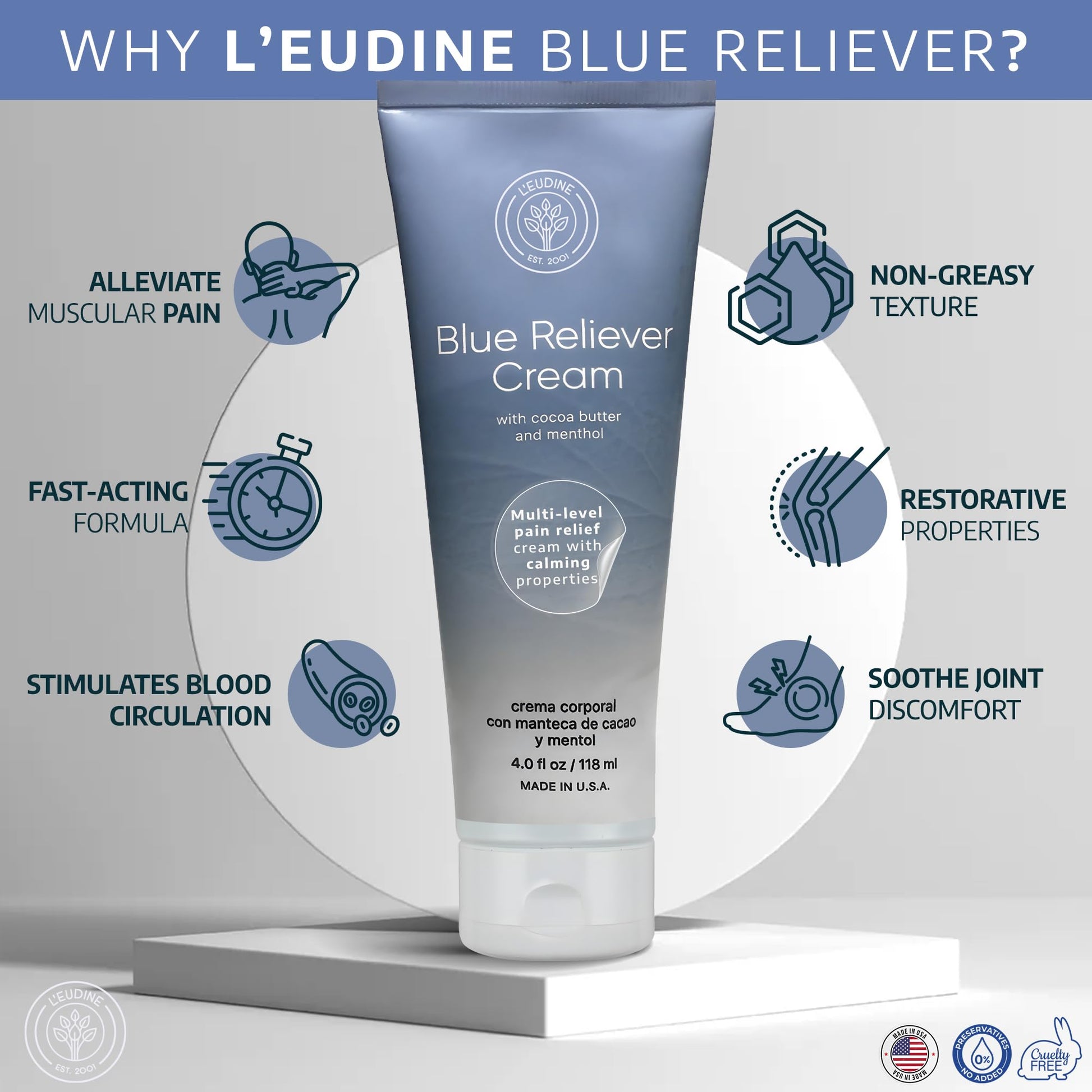 L'EUDINE Blue Reliever Cream – Joint and Muscle Therapy, Body Cream with Cocoa Butter and Menthol L'eudineBuy Supplements Australia
