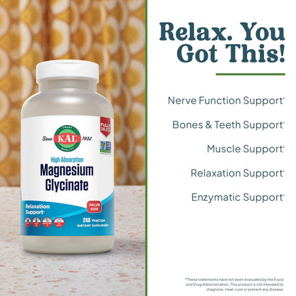 KAL Magnesium Glycinate, New & Improved Fully Chelated High Absorption Formula with BioPerine, Bisglycinate Chelate for Stress, Relaxation