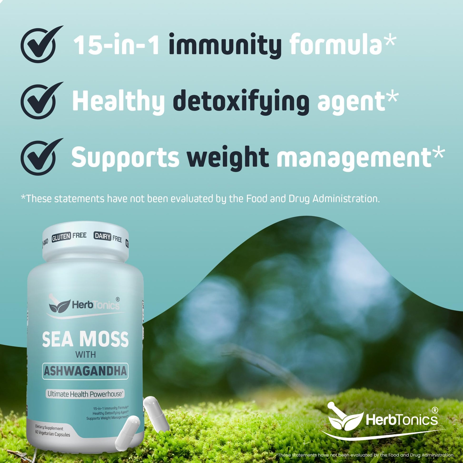 Herbtonics Sea Moss, Black Cumin Seed, Ashwagandha, Burdock Root & ACV Complex | Manage Immunity, Stress & Digestion Support | 60 Capsules (2 Capsules Per Serving) HerbtonicsBuy Supplements Australia